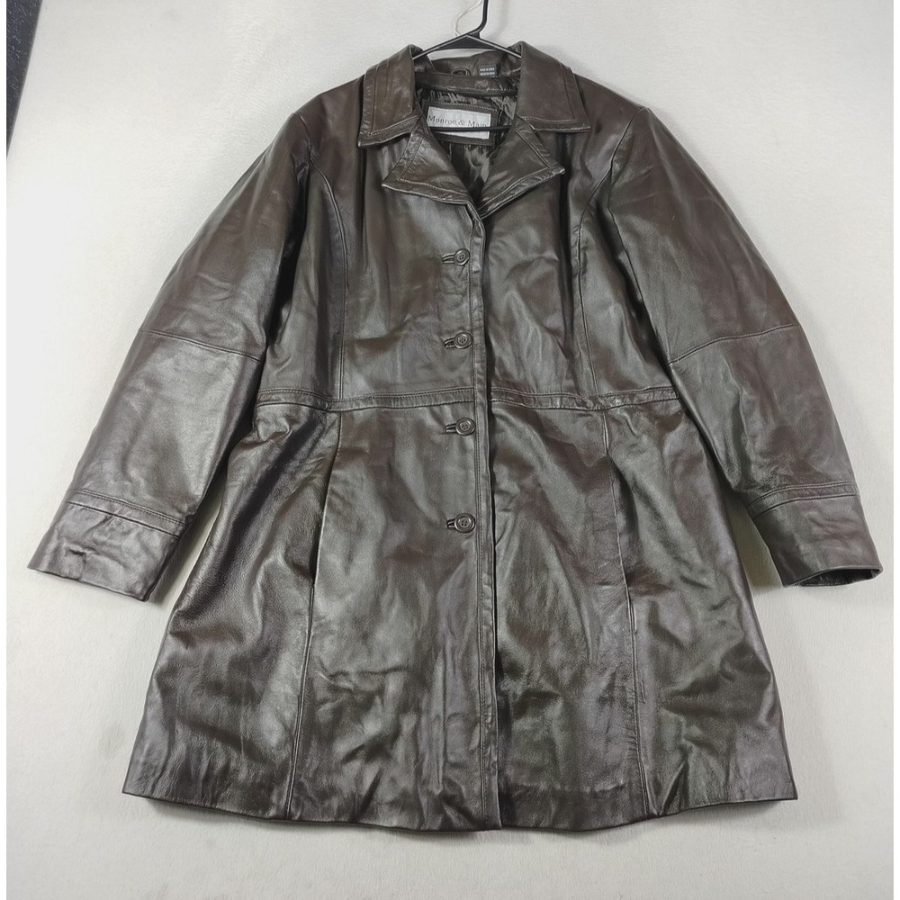 Monroe & Main Leather Coat Womens Large Brown Button Front‎ Mid Length Lined